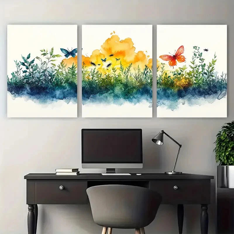 3pcs Watercolour Eco System Insects Emerging Wall Art Set Canvas Framed 60x90cm - High Quality Print 100% Australian Made Wall Canvas Ready to Hang