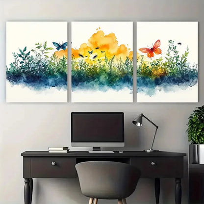 3pcs Watercolour Eco System Insects Emerging Wall Art Set Canvas Framed 60x90cm - High Quality Print 100% Australian Made Wall Canvas Ready to Hang