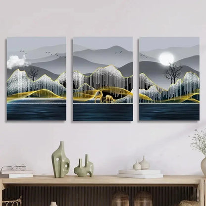 3pcs Elk, Trees, Mountains, River, Full Moon Metal Print Ready to Hang Art