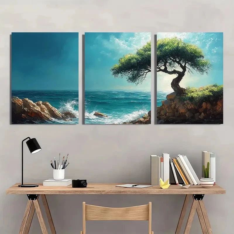3pcs Turquoise Ocean Rocky Shore Clear Water Wall Art Set Canvas Framed 60x90cm - High Quality Print 100% Australian Made Wall Canvas Ready to Hang