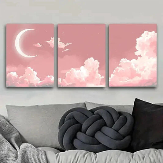 3pcs Pink Moon & Clouds Starrcy Sky Perfect Wall Art Set Canvas Framed 40x60cm - High Quality Print 100% Australian Made Wall Canvas Ready to Hang