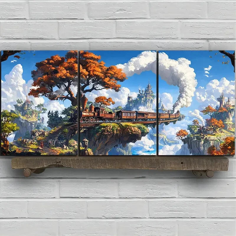 3pcs Freight Train Big Trees White Clouds Metal Print Ready to Hang Art