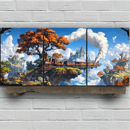 3pcs Freight Train Big Trees White Clouds Metal Print Ready to Hang Art