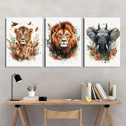 3pcs Animal Lions Elephants Giraffes Paintings Wall Art Set Canvas Framed 40x60cm - High Quality Print 100% Australian Made Wall Canvas Ready to Hang