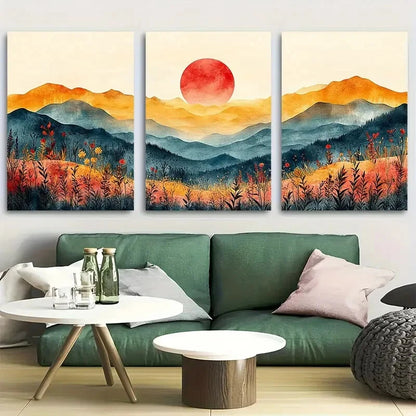 3pcs Orange Sun Tree Rings Abstract Illustrations Metal Print Ready to Hang Art
