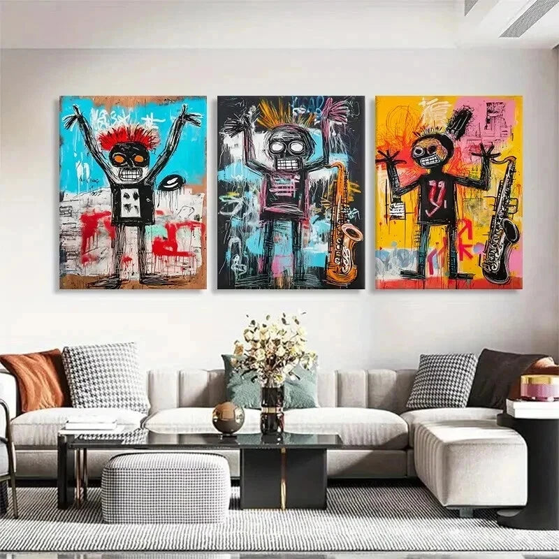 3pcs Colorful Skull Figures Saxophone Perfect Wall Art Set Canvas Framed 40x60cm - High Quality Print 100% Australian Made Wall Canvas Ready to Hang