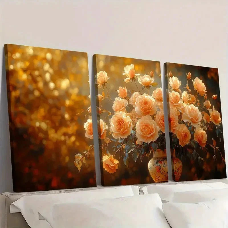 3pcs Elegant Golden Rose Floral Art T Wall Art Set Canvas Framed 60x90cm - High Quality Print 100% Australian Made Wall Canvas Ready to Hang