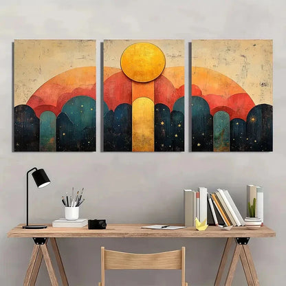 3pcs Abstract Vibrant Geometric Moon & Stars Metal Print Ready to Hang Art
