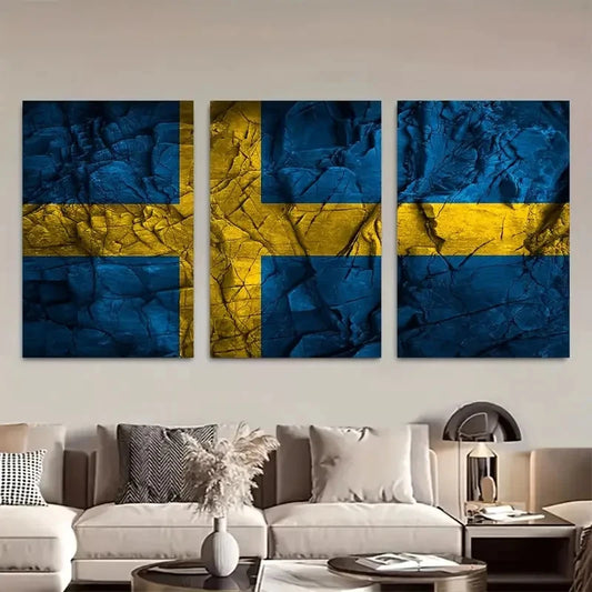3pcs Sweden Flag Textured Blue & Yellow Wall Art Metal Print Ready to Hang Art