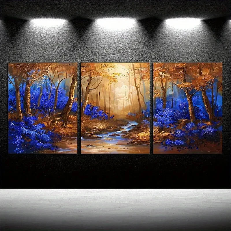3pcs Fairy Tale Forest with Blue Floral Metal Print Ready to Hang Art