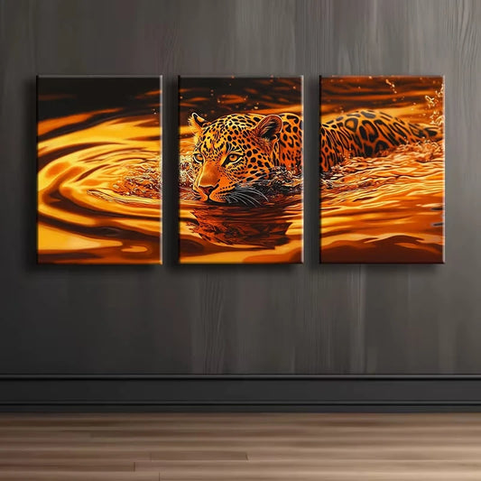 3pcs The swimming leopard Wall Art Set Canvas Framed 60x90cm - High Quality Print 100% Australian Made Wall Canvas Ready to Hang