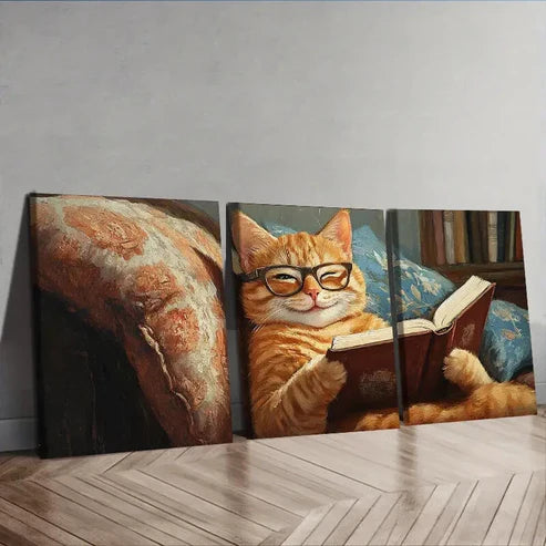 3pcs A cat reading on the couch Wall Art Canvas Unframed - High Quality Print 100% Australian Made Wall Canvas