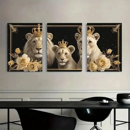 3pcs Family of Three Lions with Crowns Painting Metal Print Ready to Hang Art