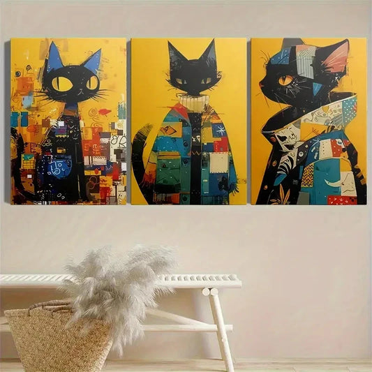 3pcs Fashionable Cat Portrait Painting Metal Print Ready to Hang Art