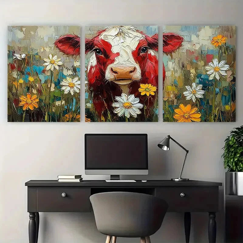3pcs Playful Red Cow with Daisy Country Wall Art Set Canvas Framed 50x70cm - High Quality Print 100% Australian Made Wall Canvas Ready to Hang