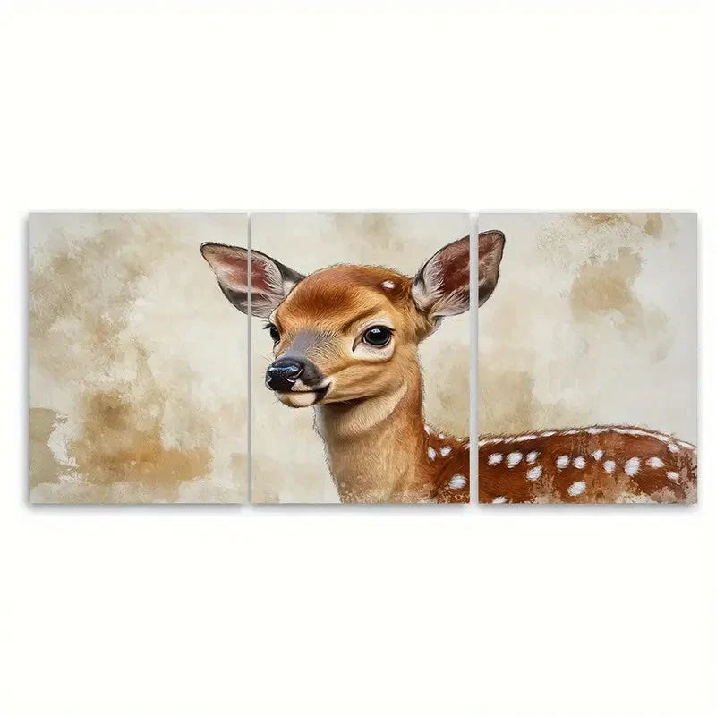 3pcs Young Baby Deer Fawn Illustration Wall Art Set Canvas Framed 50x70cm - High Quality Print 100% Australian Made Wall Canvas Ready to Hang