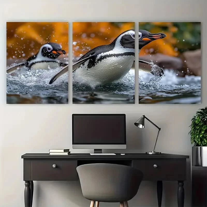 3pcs African Black Footed Penguin Swimming Sea Metal Print Ready to Hang Art