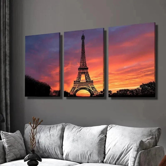 3pcs Eiffel Tower & Sunset with Evening Clouds Wall Art Set Canvas Framed 40x60cm - High Quality Print 100% Australian Made Wall Canvas Ready to Hang