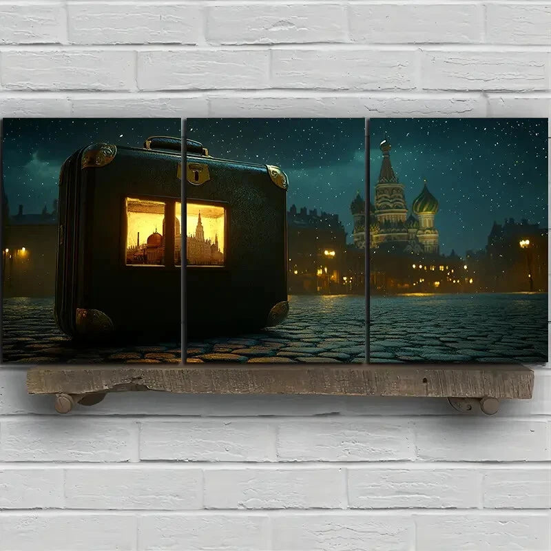3pcs Luggage on Street Night Scene Metal Print Ready to Hang Art
