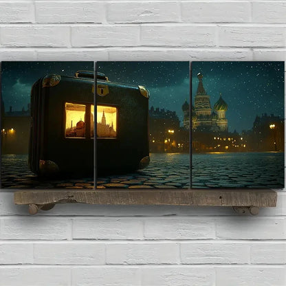 3pcs Luggage on Street Night Scene Metal Print Ready to Hang Art