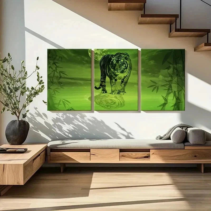 3pcs Vibrant Green Tiger screened Design Wall Art Set Canvas Framed 40x60cm - High Quality Print 100% Australian Made Wall Canvas Ready to Hang