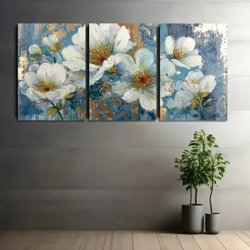 3pcs White Flowers With Blue Accents Wall Art Set Canvas Framed 40x60cm - High Quality Print 100% Australian Made Wall Canvas Ready to Hang