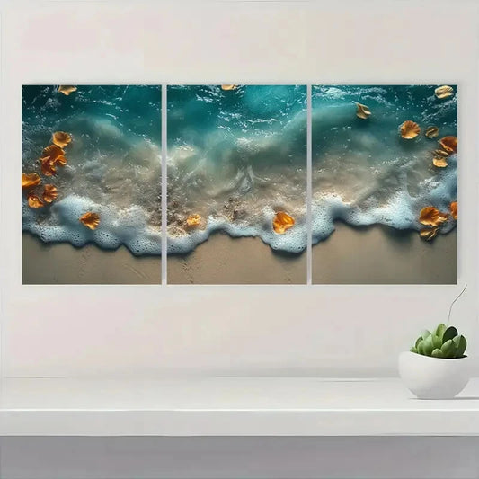 3pcs Beach Waves Ocean Sand Design Metal Print Ready to Hang Art