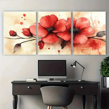 3pcs Elegant Blooming Red Floral Watercolor Wall Art Set Canvas Framed 50x70cm - High Quality Print 100% Australian Made Wall Canvas Ready to Hang