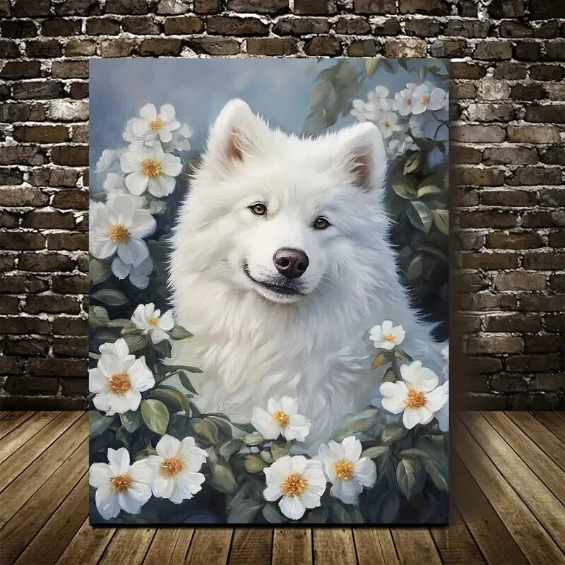 Cute Samoyed Dog with Floral Wreath Painting 40x60cm Metal Print Ready to Hang