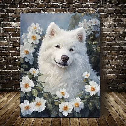 Cute Samoyed Dog with Floral Wreath Painting 40x60cm Metal Print Ready to Hang