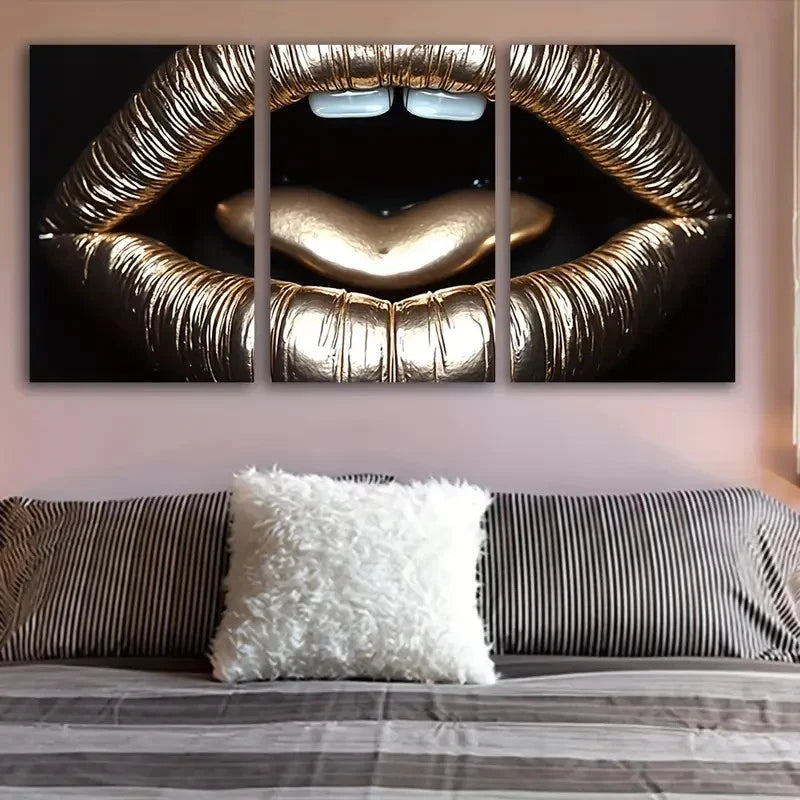 3pcs Golden Lips And Heart Design Wall Art Set Canvas Framed 40x60cm - High Quality Print 100% Australian Made Wall Canvas Ready to Hang
