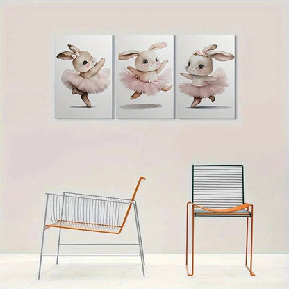 3pcs Adorable Bunny Ballerina Cute Animal Metal Print Ready to Hang Art