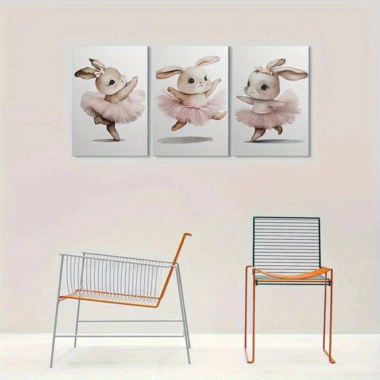 3pcs Adorable Bunny Ballerina Cute Animal Metal Print Ready to Hang Art