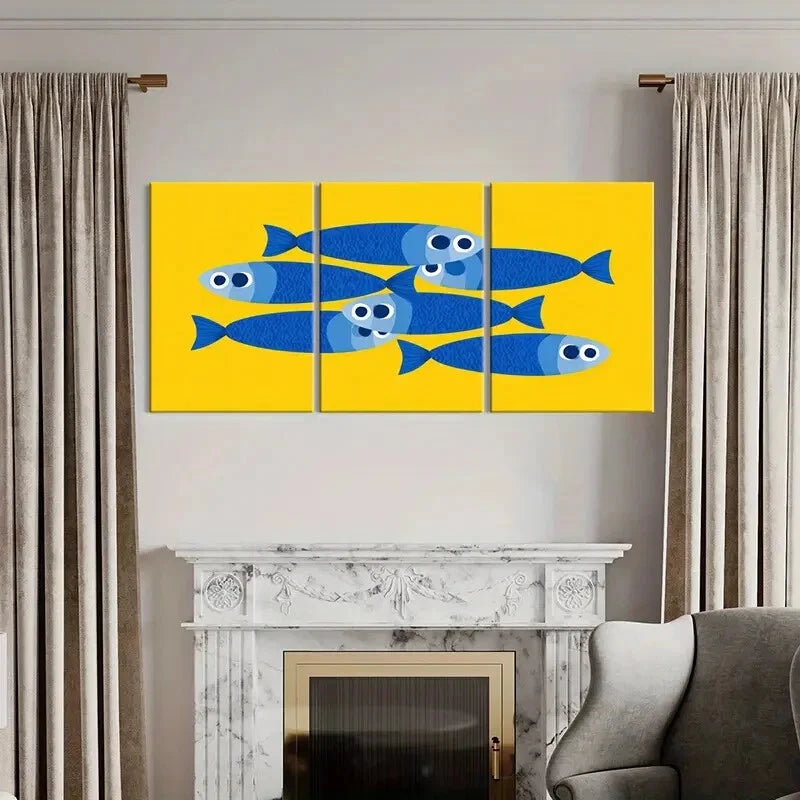 3pcs Modern Blue Fish Vibrant Yellow Background Metal Print Ready to Hang Art