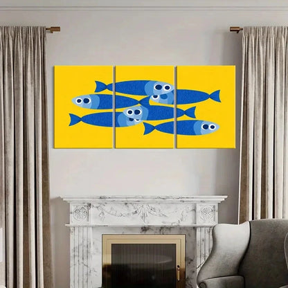 3pcs Modern Blue Fish Vibrant Yellow Background Metal Print Ready to Hang Art