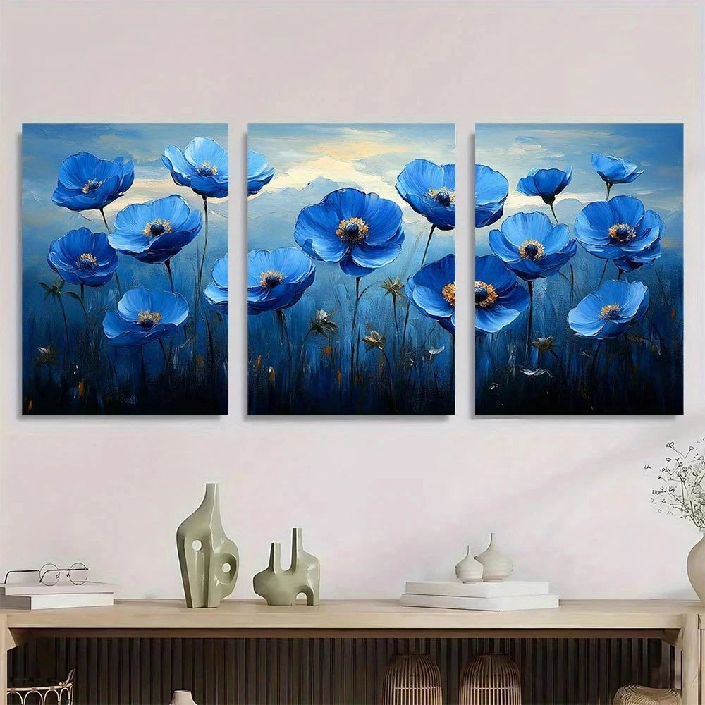 3pcs Modern Abstract Blue Waterflowers Metal Print Ready to Hang Art