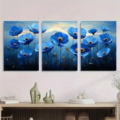 3pcs Modern Abstract Blue Waterflowers Metal Print Ready to Hang Art