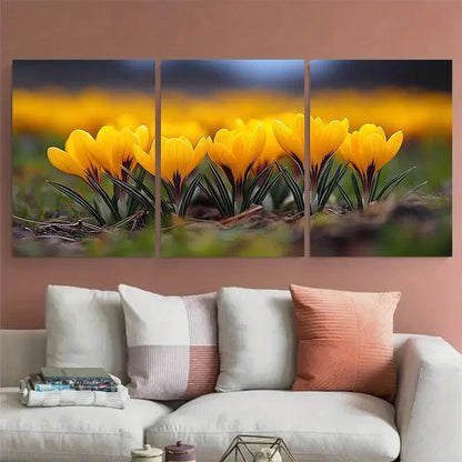 3pcs Vibrant Golden Yellow Crocus Field Metal Print Ready to Hang Art
