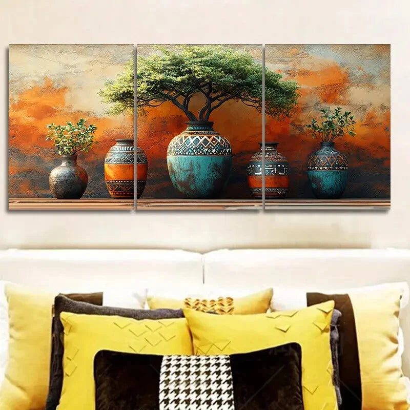 3pcs African Vases for Home Painting Metal Print Ready to Hang Art