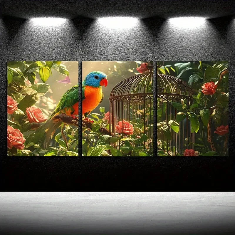 3pcs Vibrant Tropical Parrot and Cage with Floral Metal Print Ready to Hang Art
