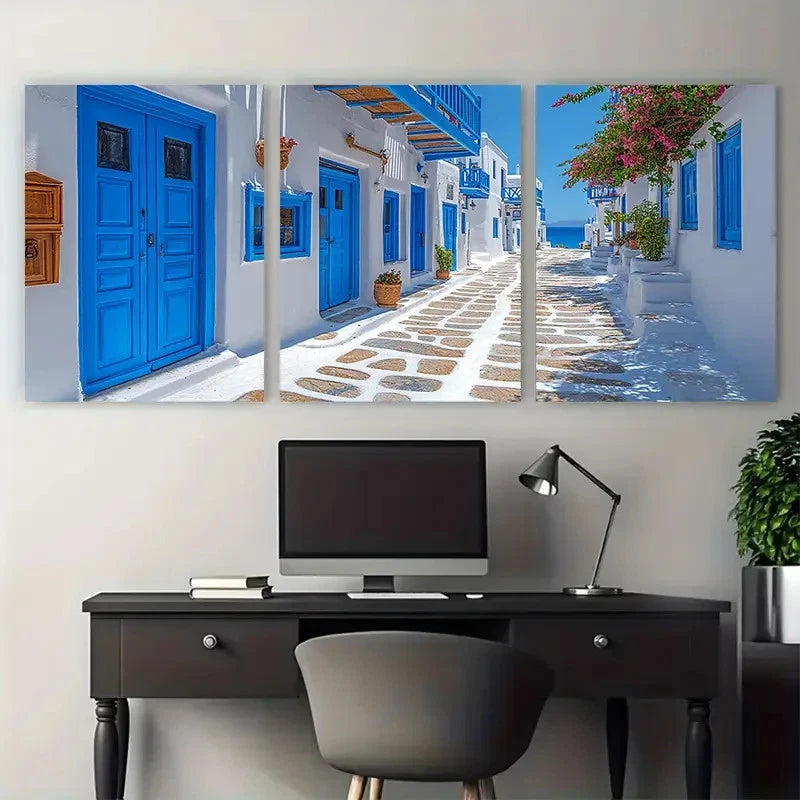 3pcs Street with Blue doors Mykonos Island Greece Metal Print Ready to Hang Art