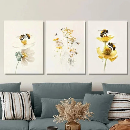 3pcs Flowers And Bees, Watercolor Floral Insect Metal Print Ready to Hang Art