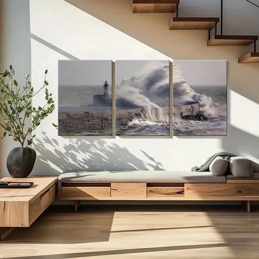3pcs Pier Huge Waves Lighthouse Sea Wall Art Set Canvas Framed 40x60cm - High Quality Print 100% Australian Made Wall Canvas Ready to Hang