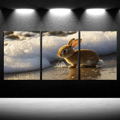 3pcs Cute Rabbit Beach Scene Metal Print Ready to Hang Art