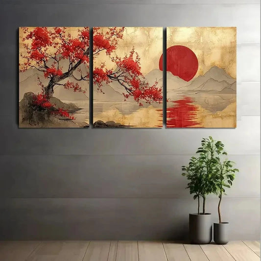3pcs Japanese Landscape with Cherry Blossoms Metal Print Ready to Hang Art