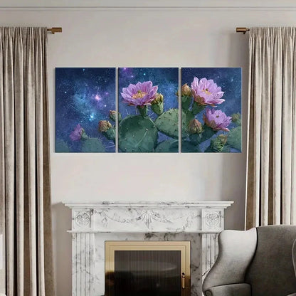 3pcs Set of Vibrant Cactus Flower Cosmic Theme Metal Print Ready to Hang Art