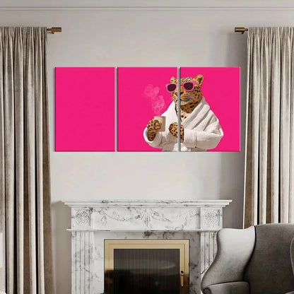 3pcs Artistic Leopard Wearing Glasses Holding CoffeMetal Print Ready to Hang Art