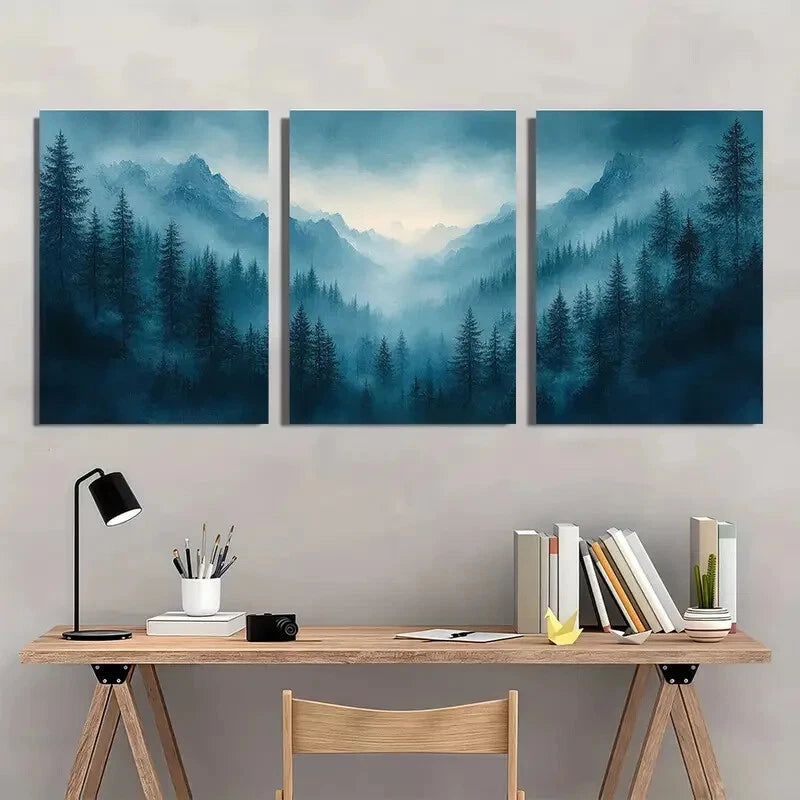 3pcs Misty Blue & Emerald Green Mountain Landscape Metal Print Ready to Hang Art