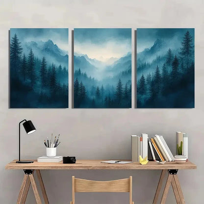 3pcs Misty Blue & Emerald Green Mountain Landscape Metal Print Ready to Hang Art
