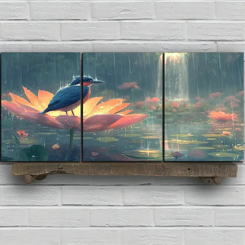 3pcs The bird On The Petals Waterfalls Metal Print Ready to Hang Art